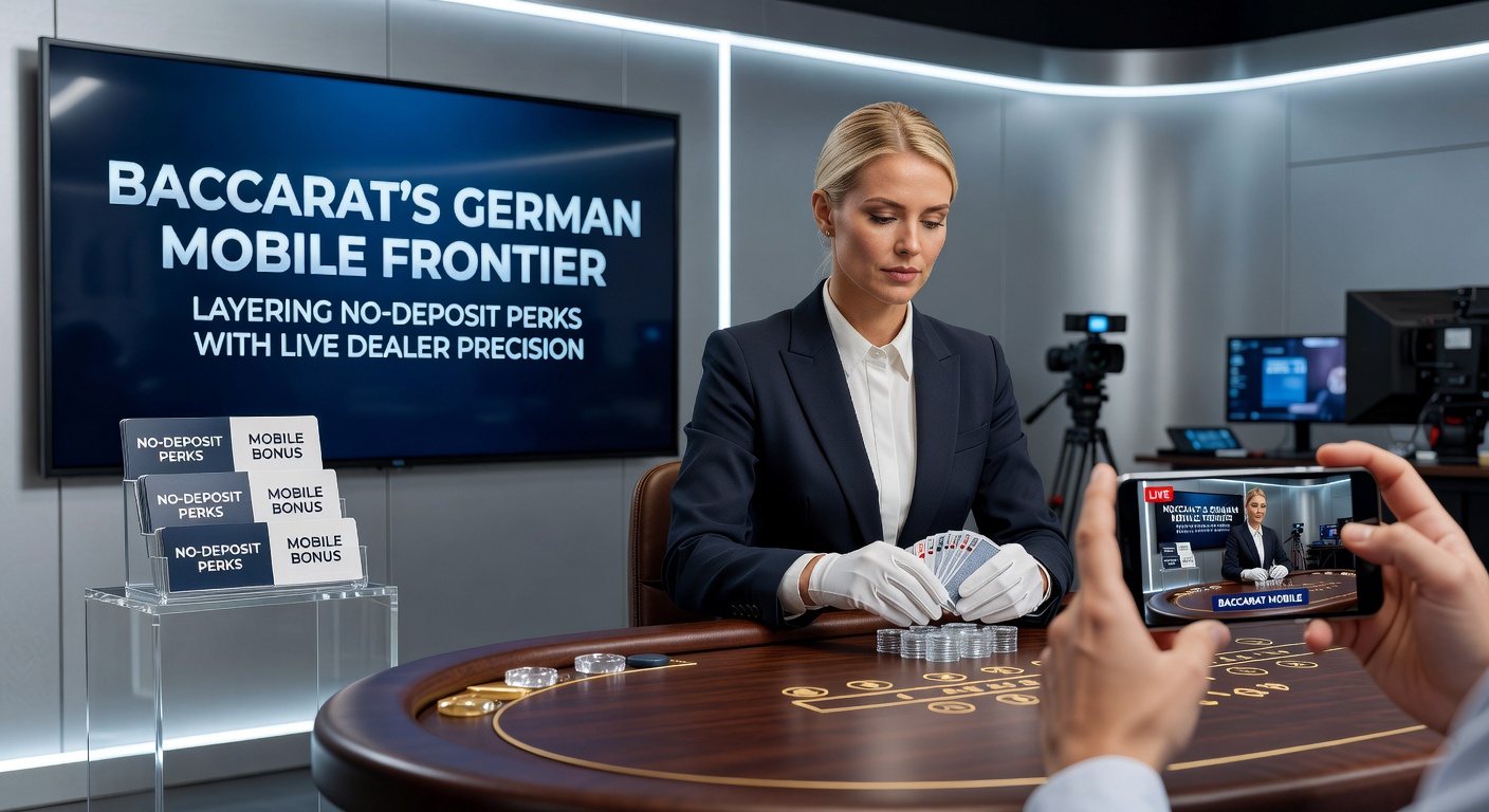 Smartphone mit Baccarat-Live-Dealer-Tisch und No-Deposit-Bonus-Overlay auf deutscher Mobile-Plattform
