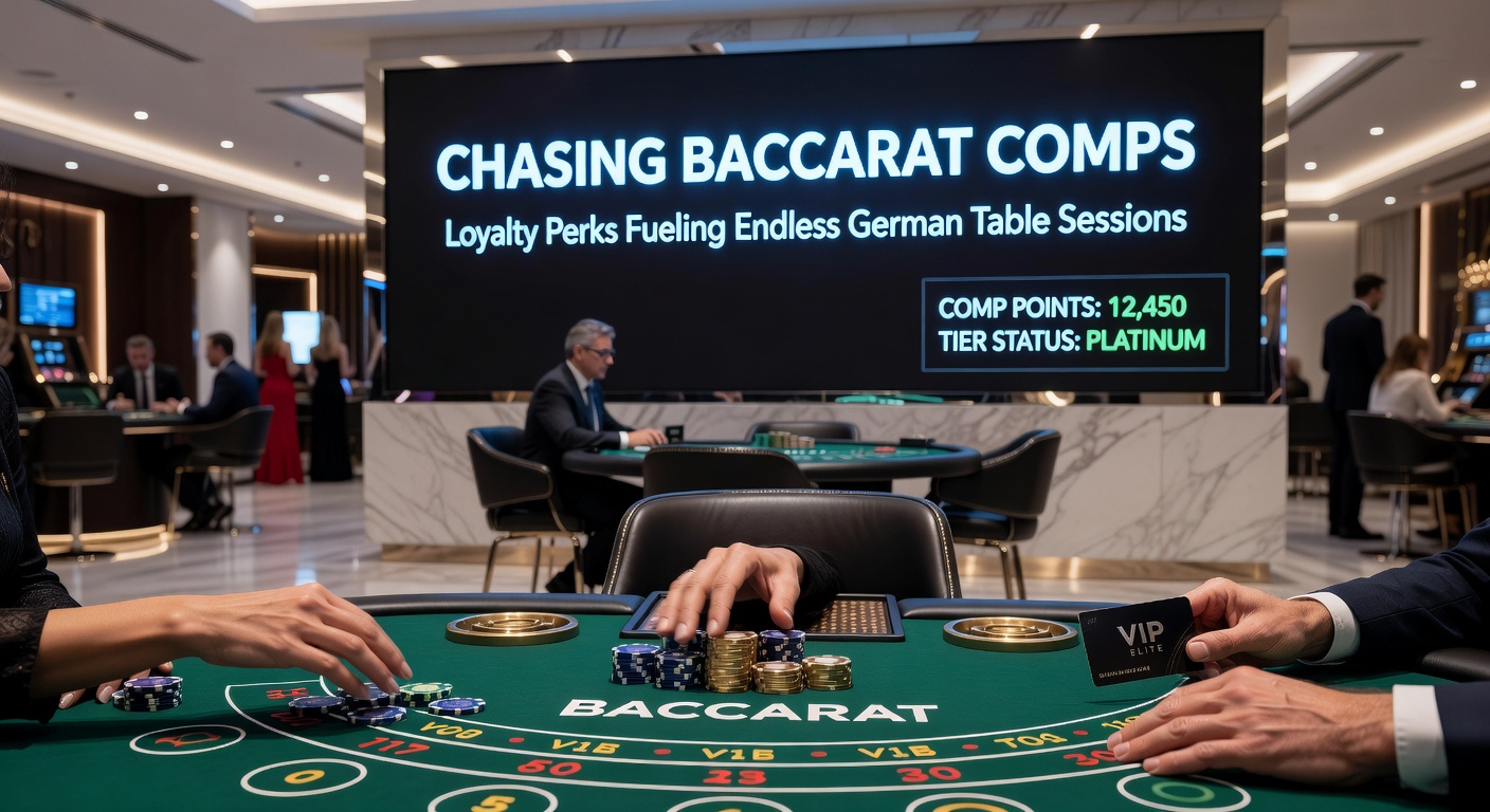 Spieler am Baccarat-Tisch mit Loyalty-Card in der Hand, umgeben von Chips und digitalen Comps-Anzeigen