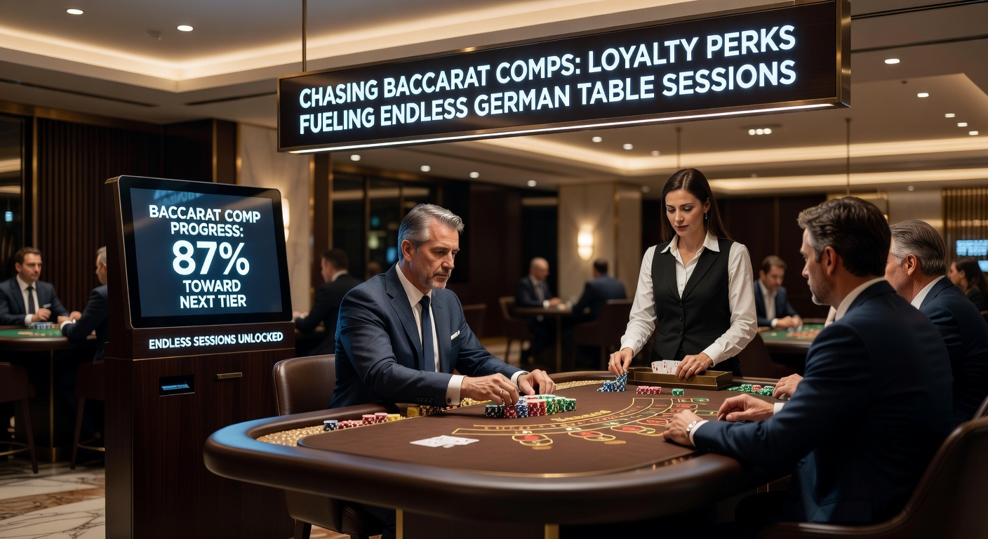 VIP-Bereich mit Baccarat-Tisch, Comp-Boni auf Monitoren und glücklichen Spielern bei langen Sessions