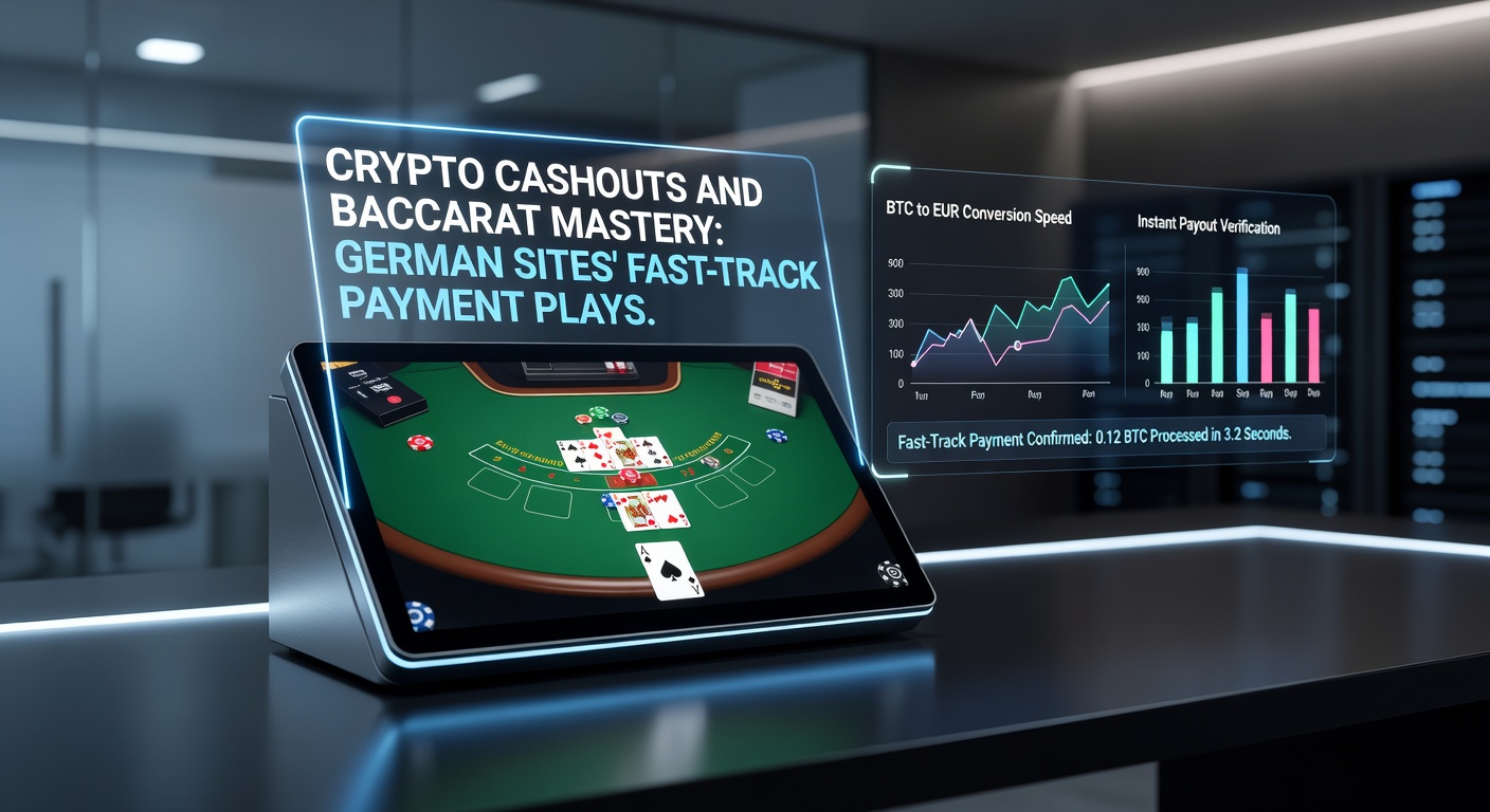 Grafik zeigt Krypto-Wallets und Baccarat-Tische mit schnellen Auszahlungspfeilen auf einem deutschen Casino-Hintergrund