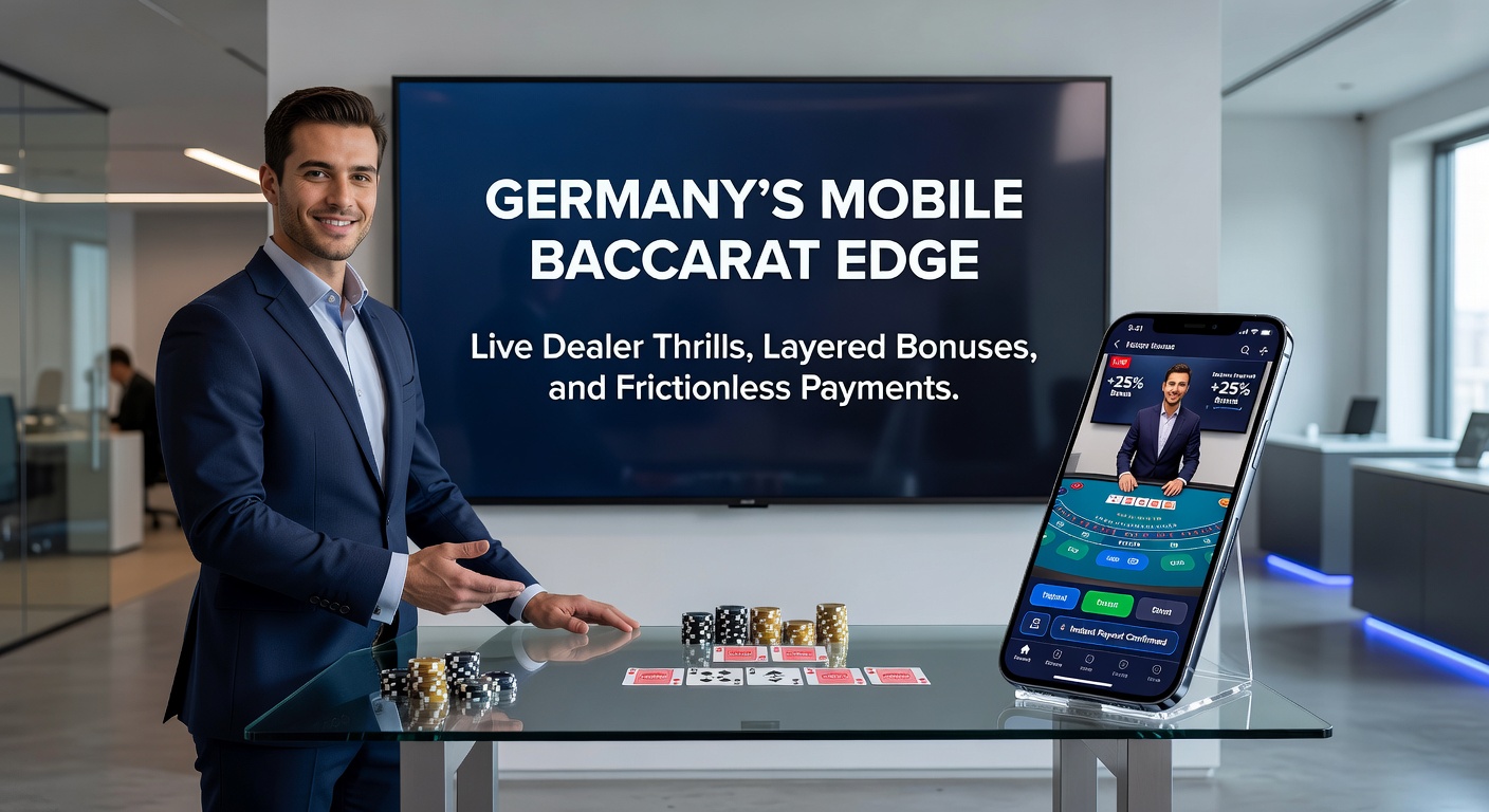 Smartphone mit Live Baccarat Tisch und Dealer in Echtzeit, umgeben von deutschen Flaggen und Bonus-Symbolen