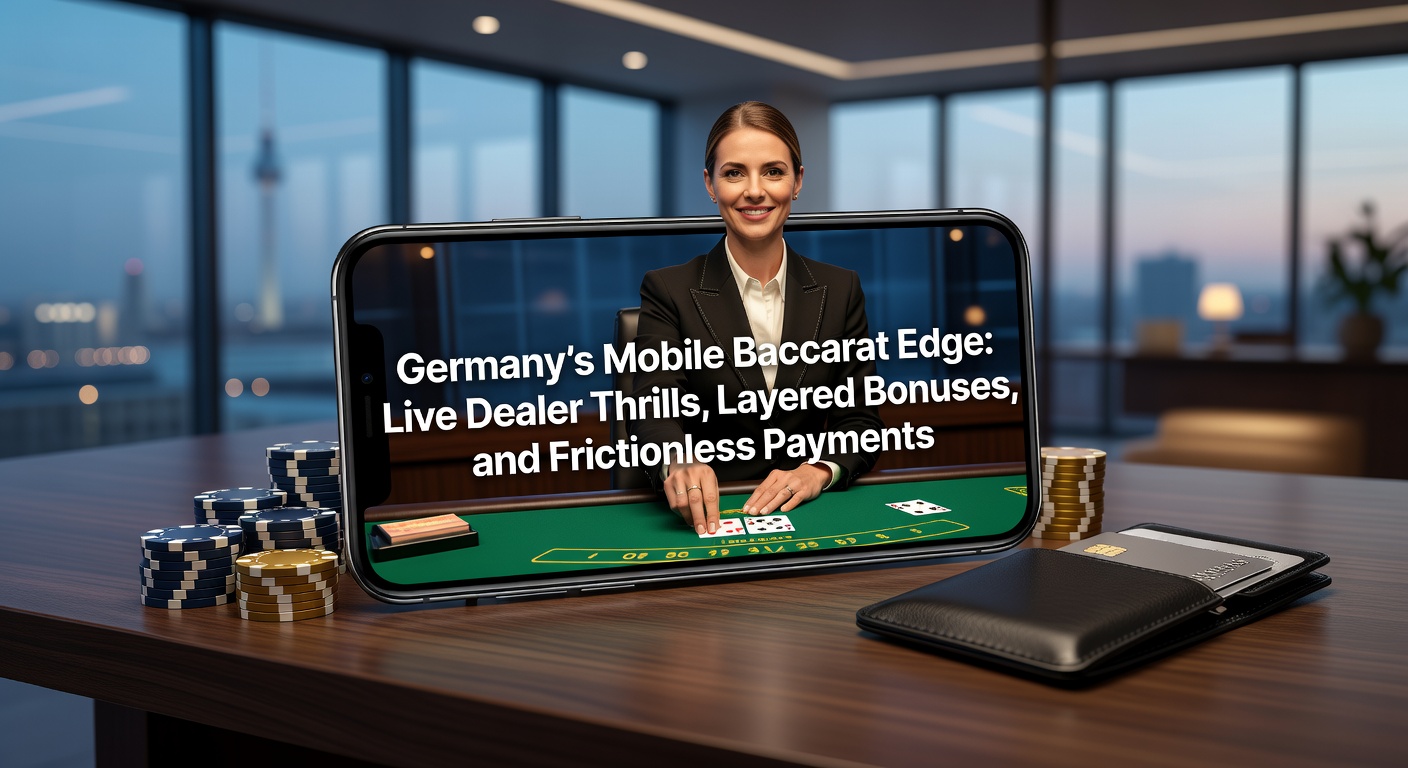 Grafik mit Stapelboni, mobilen Zahlungsikonen wie Apple Pay und Giropay sowie einem Live Dealer am Baccarat-Tisch auf Smartphone-Display