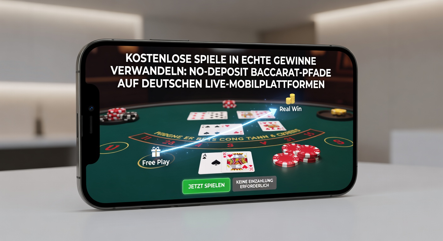 Smartphone mit Live-Baccarat-Tisch und No-Deposit-Bonus-Anzeige auf einer deutschen Mobile-Plattform