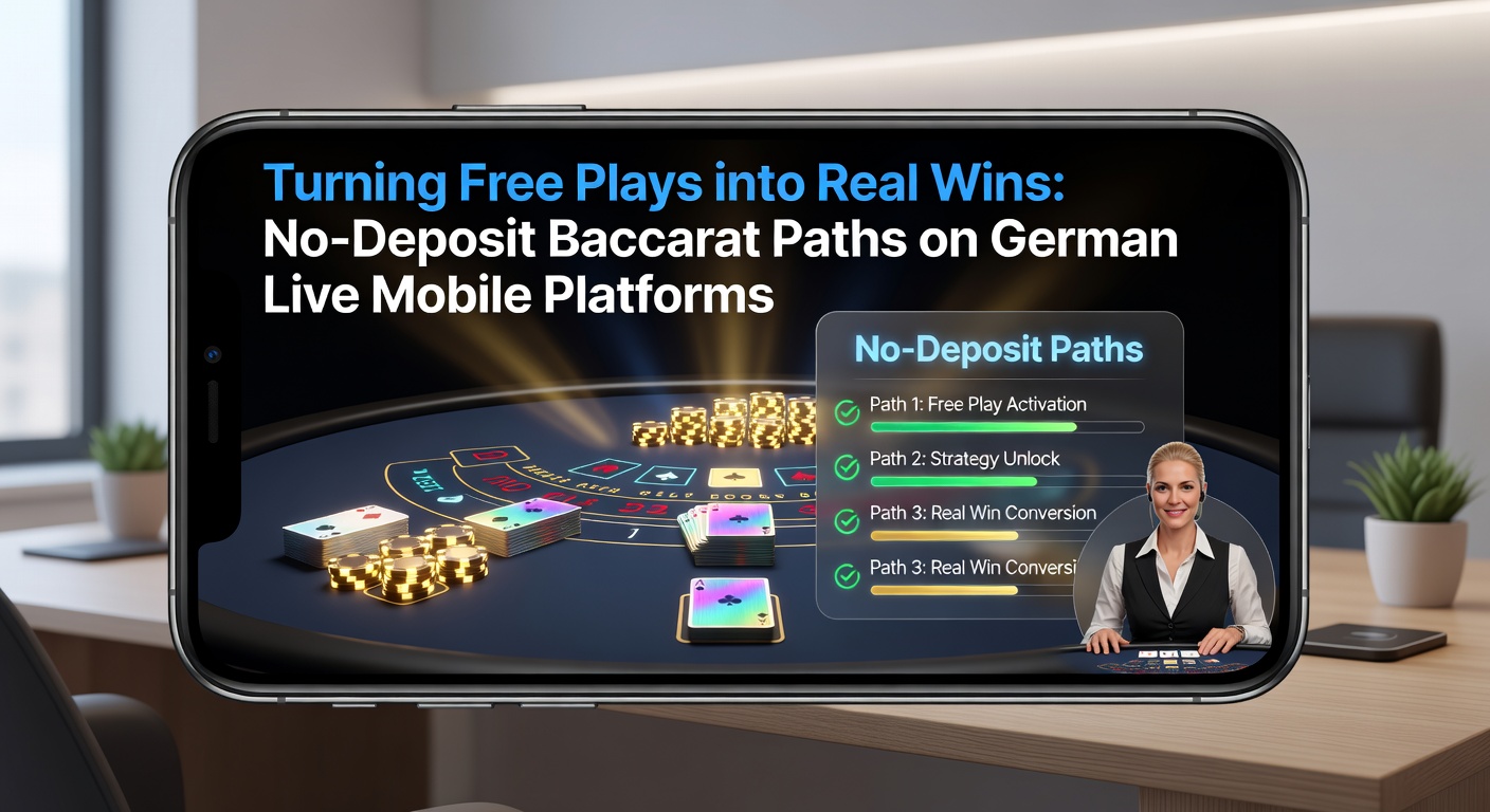 Grafik zeigt Umwandlungsweg von No-Deposit-Bonus zu Auszahlung mit Baccarat-Chips und Mobile-Screenshot